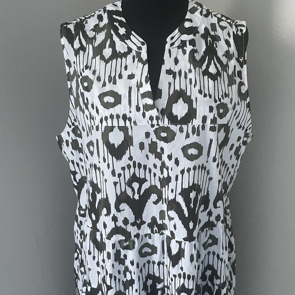 CHICOS Ikat‎ Tiered Maxi Dress Sz 3 (US 16) Pockets Sleeveless Green White Long - Picture 4 of 8